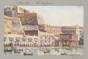 İskele ve gümrük binası Malta ile Malta kıyılarının görünümü. Özel ev ve iniş yeri (nesne üzerindeki başlık) by Anonymous
