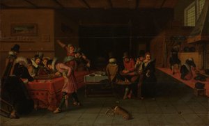 İçki İçen ve Trictrac Oynayan İnsanlarla Bir Taverna veya Genelevin İçi by Anonymous