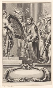 King, Adalet ve İnanç tarafından bir aynaya tutuluyor Başlık sayfası: Petrus Belluga ve Camillo Borello, Speculum principum, 1655 by Anonymous