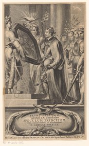 King, Adalet ve İnanç tarafından bir aynaya tutuluyor Başlık sayfası: Petrus Belluga ve Camillo Borello, Speculum principum, 1655 by Anonymous