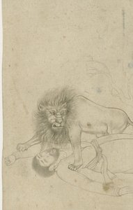 bir adama saldıran aslan by Anonymous