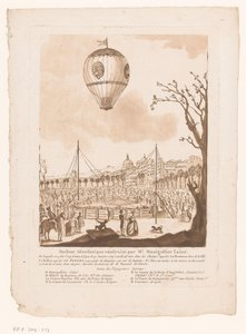 Luchtballon, Le Flezel, van Joseph-Michael Montgolfier the Elder buiten Lyon Bay Montgolfier the Elder tarafından yapılan aerostatik makine (nesne üzerindeki başlık) by Anonymous