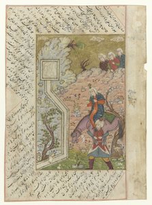 Adam omuzlarında savaşçı ve at taşır Nizami