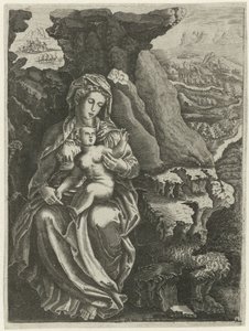 Kayalık bir manzarada çocuklu Mary by Anonymous