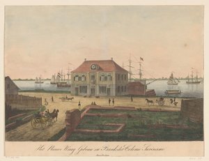 Nieuwe Waag, Paramaribo'daki Sahilde Nieuwe Waag Binası ve Colonie Surinam Bankası (nesnedeki başlık) by Anonymous