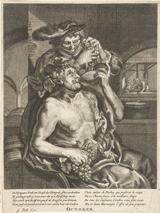 Ekim: Bacchus şarap içiyor Ekim (nesne üzerindeki başlık) On İki Ay (dizi adı) by Anonymous