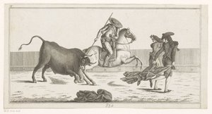 Picador mızrağını boğaya sapladı Coleccion de las Principales suertes de una corrida de toros (nesne üzerinde seri başlığı) En önemli boğa güreşi manevralarının toplanması (seri başlığı) by Anonymous