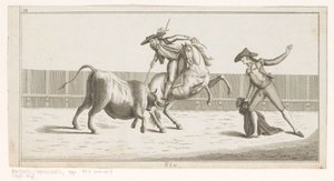 Picador mızrağını boğaya sapladı Coleccion de las Principales suertes de una corrida de toros (nesne üzerinde seri başlığı) En önemli boğa güreşi manevralarının toplanması (seri başlığı) by Anonymous