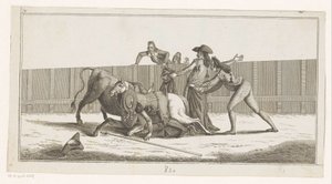 Picador atından düştü Coleccion de las Principales suertes de una corrida de toros (nesne üzerinde seri başlığı) En önemli boğa güreşi manevralarının toplanması (seri başlığı) by Anonymous