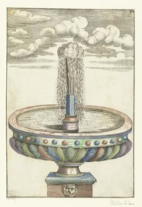 Aslan başlı kaide üzerinde yuvarlak lavabo Architectura Curiosa Nova (dizi adı) by Anonymous