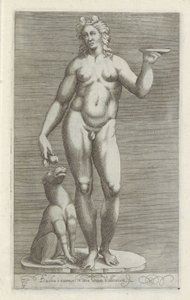 Heykeltıraş van Bacchus en een hond Bacchus, Vallenian tapınağının mermer zeminindedir (nesne üzerindeki başlık) Roma'da yontulmuş Antieke (dizi başlığı) Roma şehrinin halka açık yerlerde görünen antik heykellerinin simgeleri (dizi başlığı) by Anonymous