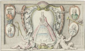 Ayakta duran kadın, iki putti ve dört madalyon Modes de 1730 Mercure de France (seri başlığı) by Anonymous