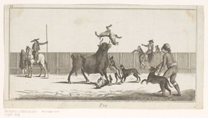 Köpeklerin saldırısına uğrayan boğa Coleccion de las Principales suertes de una corrida de toros (nesne üzerinde seri başlığı) En önemli boğa güreşi manevralarının toplanması (seri başlığı) by Anonymous