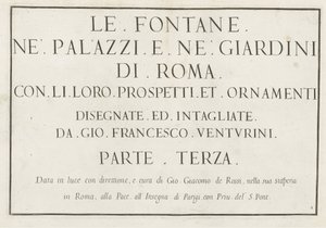 Çerçeveli başlık ile başlık baskısı Le fontane ne palazzi e ne giardini di Roma (dizi adı) Roma Sarayları ve Bahçelerindeki Çeşmeler (dizi başlığı) by Anonymous