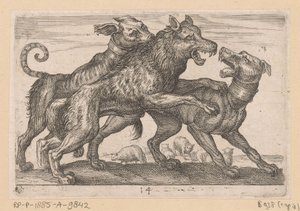 Bir kurtla savaşan iki köpek Fighting Animals (kopyalar) (dizi adı) by Anonymous