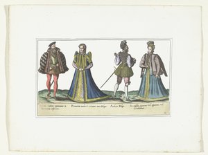 Kuzey Ren-Vestfalya ve Flanders'ta Moda Giyinmiş İki Kadın ve İki Erkek, 1580 dolayları Bas-Allemands ve Flamands Kostümleri (nesne üzerindeki başlık) by Anonymous