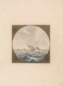 Denizde iki yelkenli gemi ve sahilde bir şehir Denizde Gemiler (seri B) (seri başlığı) by Anonymous