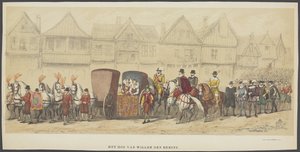 Utrecht maskeli balo, plaka e: mahkeme, 1856 Birinci William Mahkemesi (nesne üzerine başlık) Hollanda Özgürlüğünün Kurucuları, (William I zamanında) H.H. Utrecht öğrenci birliğinin üyeleri, 220. yıldönümünü kutlamak için by Anonymous