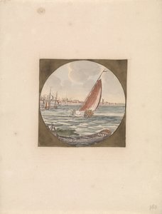 Denizde yelkenli yelkenli gemi ve ön planda bir sloop Denizde Gemiler (seri B) (seri başlığı) by Anonymous