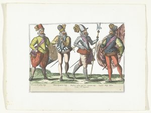 Üniformalı dört İspanyol askeri, 1580 dolayları Kostümler Militaires Espagnols (nesne üzerindeki başlık) by Anonymous