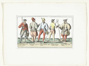 Mevcut moda ve biri eski moda giyinmiş dört köylü, 1580 dolayları Modlar Rustiques (nesne üzerindeki başlık) by Anonymous