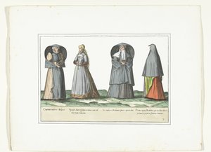 Antwerp, Brabant ve 's-Hertogenbosch'ta Moda Giyinmiş Dört Kadın, yaklaşık 1580 Kostümler Civils des Pays-Bas (nesne üzerindeki başlık) by Anonymous