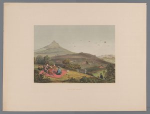 Bir Japon tepelik arazisinde uçurtma savaşı Lutte de cerf-volants (nesne üzerindeki başlık) Souvenir du Japon vues d'après nature avec texte par le comte de Lijnden (seri başlığı) by Anonymous