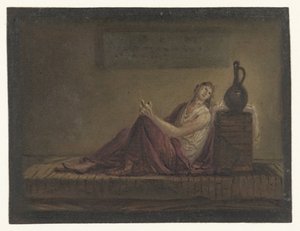 Bir hücrede yatağında oturan kadın by Anonymous