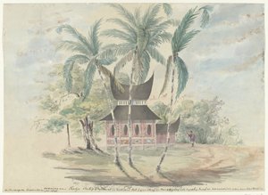 Radja Batipo'nun Evi, 1841 yılında Padangsche Bovenlanden'deki İsyanın başı ve lideri olarak cezasına ve cezasına kadar yıkıldı ve yakıldı (nesne üzerindeki başlık) by Anonymous