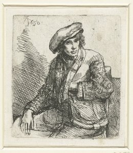 Bir çanta ile oturan genç adam by Anonymous