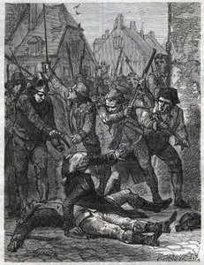 Fransız devrimi döneminden bir sahne: Theobald de Dillon (1745-1792) ve Berthois adında bir cin subayı, kendilerini vatana ihanetle suçlayan askerler ve Lille halkı tarafından katledilir. "Histoire de la Revolution fr"de 1866