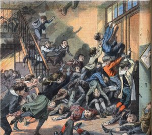 Cleveland'da (ABD) bir okul yandı. “Le Petite Parisien” gazetesinden gravür, 22/03/1908. Özel koleksiyon. by Anonymous Anonymous