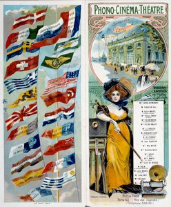 Reklam: Fono - sinema - tiyatro: ünlü sanatçıları görün ve duyun. 1900 Dünya Sergisinde farklı ülkelerin bayraklarıyla yayınlanan kromolitografi. Paris, Musee Carnavalet - Afiş reklamı “” Fono - sinema - tiyatro: f
