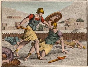 Horaces ve Curiaces Savaşı - Horatii ve Curiatii Arasındaki Savaş - “” The Rollin of Youth veya Seçilmiş Antik ve Roma Öyküleri Parçaları” ndan Gravür” 1816 - Özel koleksiyon by Anonymous Anonymous