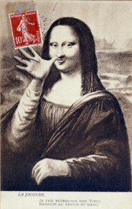 Leonardo da Vinci (Leonardo da Vinci) (1452-1519) tarafından “Mona Lisa”nın dolambaçlı temsili: Mona Lisa (Monna Lisa), “” Vinci” yi bulmak için ayrıldığını belirtmek için selamlıyor. işin hırsızlık zamanı Vincenzo Per tarafından by Anonymous Anonymous