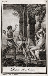 Diane ve Acteon (Diana ve Actaeon) Diane, avcı Acteon tarafından banyoda şaşırttı. Charles Albert Demoustier (1760-1801) tarafından "Lettres a Emilie sur la mitolojisinde" 1819