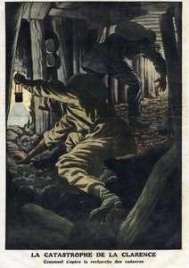 Clarence madeninin felaketi (Nord pas de calais): kurtarma çalışmaları, ateş patlaması kurbanlarının cesetlerini kurtarmaya çalışıyor. Resim “” Le Petite Journal”” 22/09/1912 Özel koleksiyondan alınmıştır. by Anonymous Anonymous
