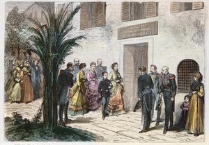 İmparatoriçe Eugenia ve Prens emperyal Louis Napoleon, Napolyon'un doğduğu evi ziyaret ediyor, Ajaccio, Korsika, Fransa 1869 - İmparatorluk ve İmparatorluk Prensi'nin yolculuğu - Napolyon I'in Ajaccio'ya olan evini ziyaret - 1869 by Anonymous Anonymous