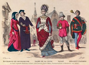 Gravür - Burjuva ve Burjuva, Mahkemenin Hanımı, uşak, 13. yüzyılda Paris