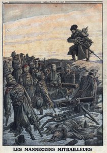 Birinci Dünya Savaşı 1914-1918 (Savaş 14-18). Alman askerleri, siperlerde bulundurdukları mankenleri makineli tüfeklerle Rus düşmanını tuzağa düşürmek için kullanırlar. 06/02/1916 tarihli “Le Petite Journal”da. Özel koleksiyon by Anonymous Anonymous