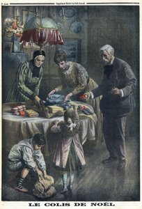 Birinci Dünya Savaşı 1914-1918 (Savaş 14-18). Noel Hediyesi: Çocuklar, Noel arifesinde savaş alanında babalarından aldıkları paketleri alır ve açar. 24/12/1916 tarihli “Le Petite Journal”da. Özel koleksiyon by Anonymous Anonymous