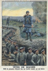 Birinci Dünya Savaşı 1914-1918 (14-18 Savaşı). “” Headheads”: Fransız ordusunun birlikleri tarafından fethedilen bir siperde Alman mahkumları kirletiyor. 03/03/1916 tarihli “Le Petité Journal”da. Özel koleksiyon by Anonymous Anonymous