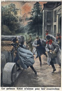 Birinci Dünya Savaşı 1914-1918 (14-18 Savaşı). Prusya Prensi Eitel Frederic (1883-1942), İngiliz ordusunun Coulommiers kasabasına yaklaşması üzerine kaçtı. “” Le Petite Journal”da, 1/10/1916. Özel koleksiyon by Anonymous Anonymous
