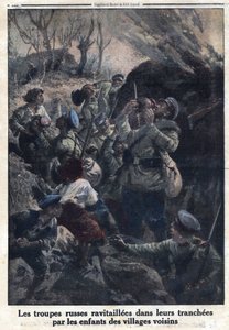 Birinci Dünya Savaşı 1914-1918 (Savaş 14-18). Rus askeri birlikleri, komşu köylerden gelen çocuklar tarafından siperlerinde yakıt ikmali yaptı. 02/04/1916 tarihli “Le Petite Journal”da. Özel koleksiyon by Anonymous Anonymous