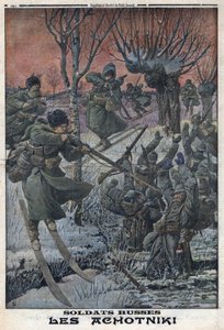 Birinci Dünya Savaşı 1914-1918 (14-18 Savaşı). Rus askerleri Ahotniki kayaklar üzerinde Alman askerlerini vuruyor. 23/01/1916 tarihli “Le Petite Journal”da. Özel koleksiyon by Anonymous Anonymous