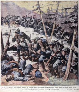 Birinci Dünya Savaşı: “” İtalyan alp avcıları (alpino veya alpini) düşmanlardan Pal Piccolo, İtalyan alplerini geri alıyor”” 1916 “La domenica del corriere”den çizim” by Anonymous Anonymous