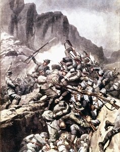 Birinci Dünya Savaşı: “” İtalyan dağ avcıları (alpino veya alpini) ile Avusturya-Macaristan ordusunun askerleri arasında Val d'Inferno, Piemont, İtalyan Alpleri'ndeki çatışmalar”” 1916 “La domenica del corriere”den çizim” by Anonymous Anonymous