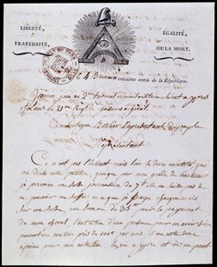 Fransız Devrimi: cumhuriyetçi yazıt “Liberte Egalite, Fraternite ou la Mort” ve sembolleri ile 18 Frimaire III (08/12/1794) tarihli bir askeri idari mektubun 4 sis yılı III (25/10/1794) ilk sayfası ve başlığı ve başlığı Franco-Maconnerie