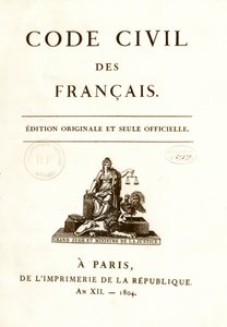 Napolyon Bonapart tarafından 21/03/1804 tarihinde ilan edilen “Code Civil des francais”in on iki orijinal baskısından birinin ön yüzü. Fransız Sivil Haklar Yasası. BN Paris by Anonymous Anonymous