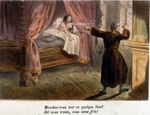 Cesur sahne: Monk, yatakta çıplak bir kadın eşliğinde, birinin gelmesiyle şaşırarak saklanmaya çalışır. 19. yüzyılın renkli gravürü. .